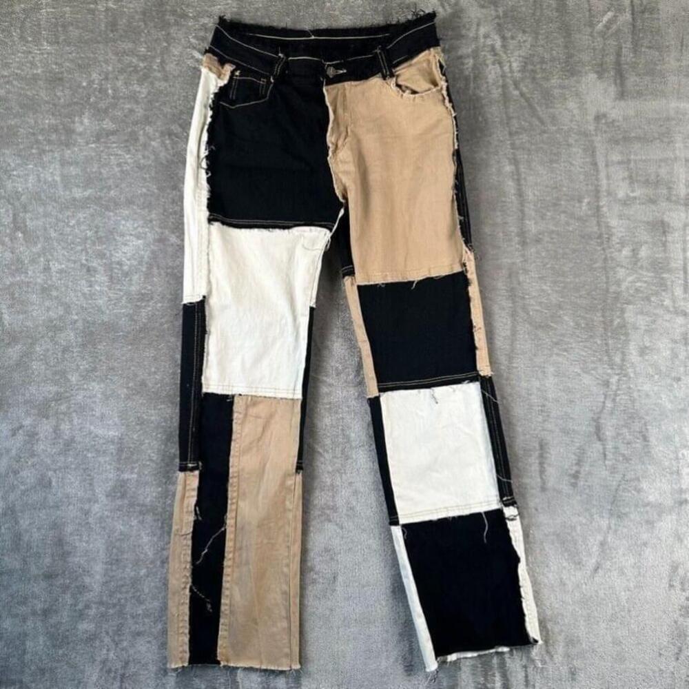 JEANS Womens Sz 12 Straight Block Patchwork Black Tan White Frayed Raw Hem